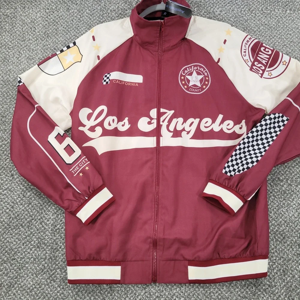 Romwe Los Angeles California Graphic Windbreaker Jacket Burgundy 66 Mens M NWT